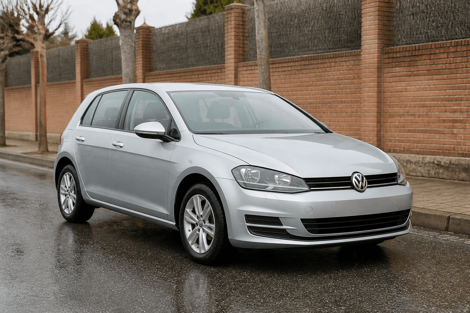 Volkswagen Golf VII plateado en calle residencial mojada