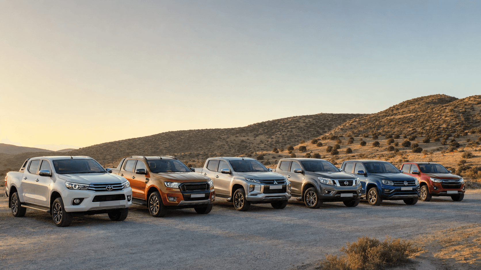 Seis pickups usadas en una pista al amanecer