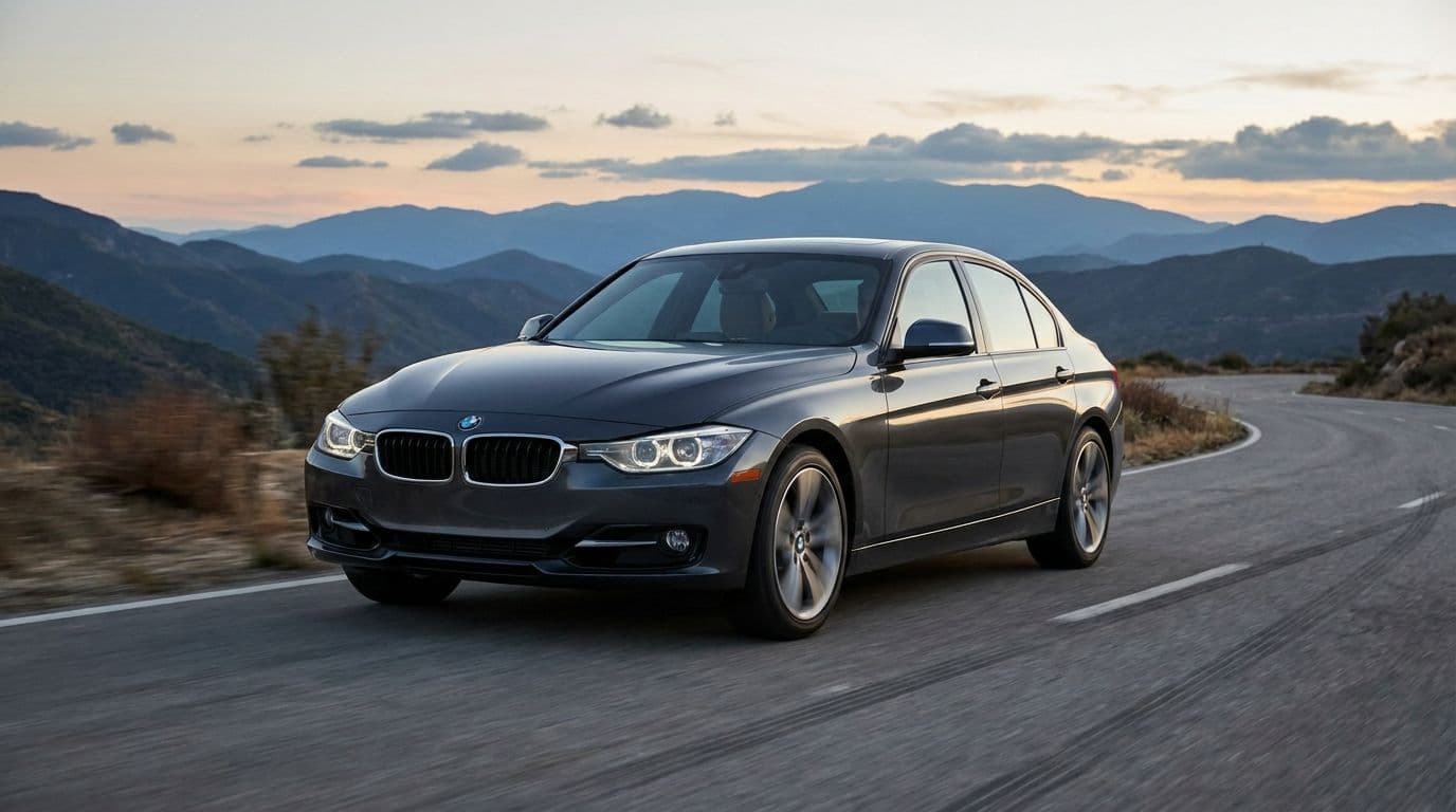 BMW Serie 3 en una carretera de montana al atardecer
