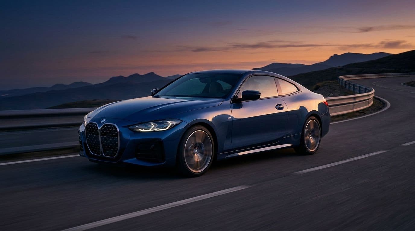 BMW Serie 4 coupe en una carretera de montana al atardecer
